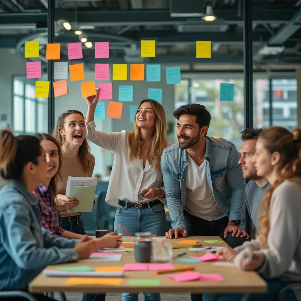 Team brainstorming session with sticky notes and whiteboards
