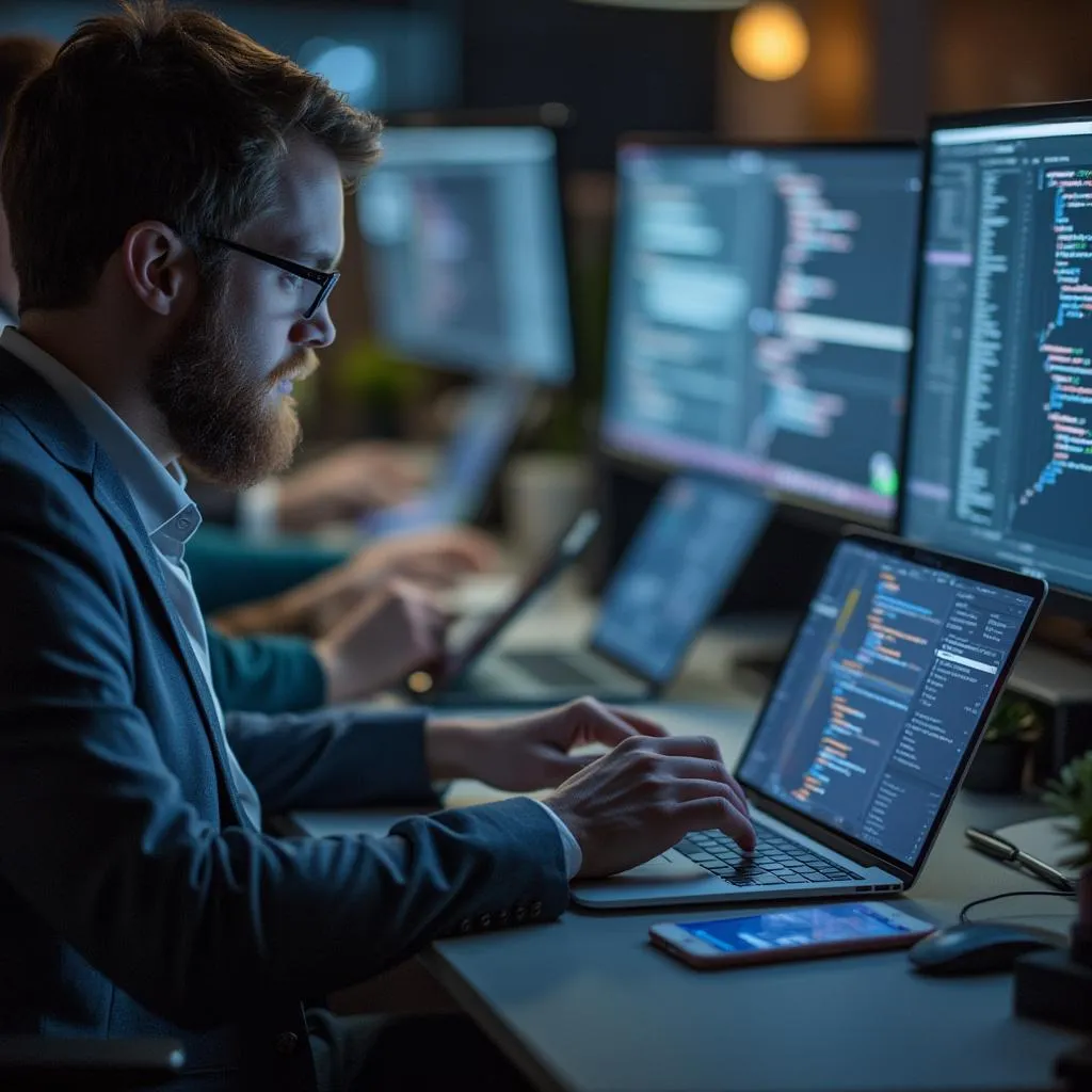 Developers coding and testing an app on multiple devices