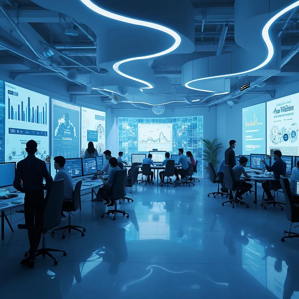 Modern office space with developers collaborating on mobile app designs